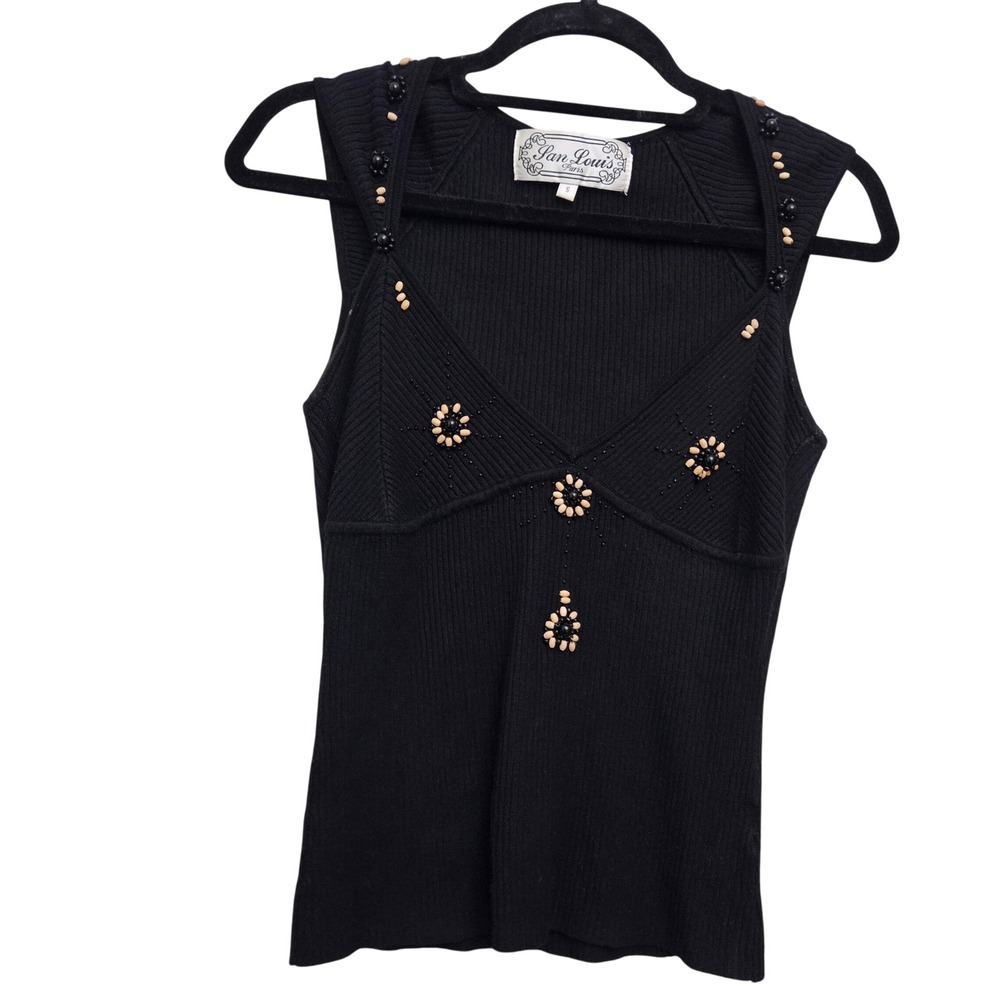 San Louis Paris Knit Top S Black Beaded Floral Ribbed V-Neck Chic Elegant Boho